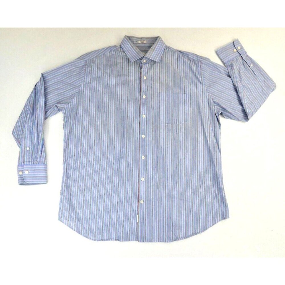 Peter Millar Blue Striped Long Sleeve Button Front Dress Shirt Mens X Large XL